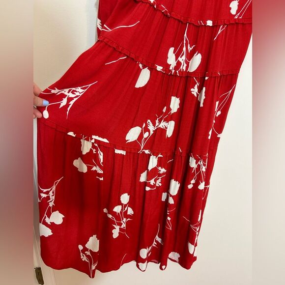 Ba&sh Paule Tiered Floral Midi Dress Medium Red Ruffle V-Neck - Picture 6 of 10